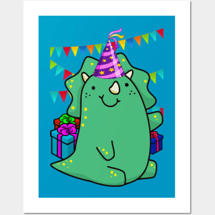 BIRTHDAY CUTE GREEN TRICERAPTOPS Posters and Art